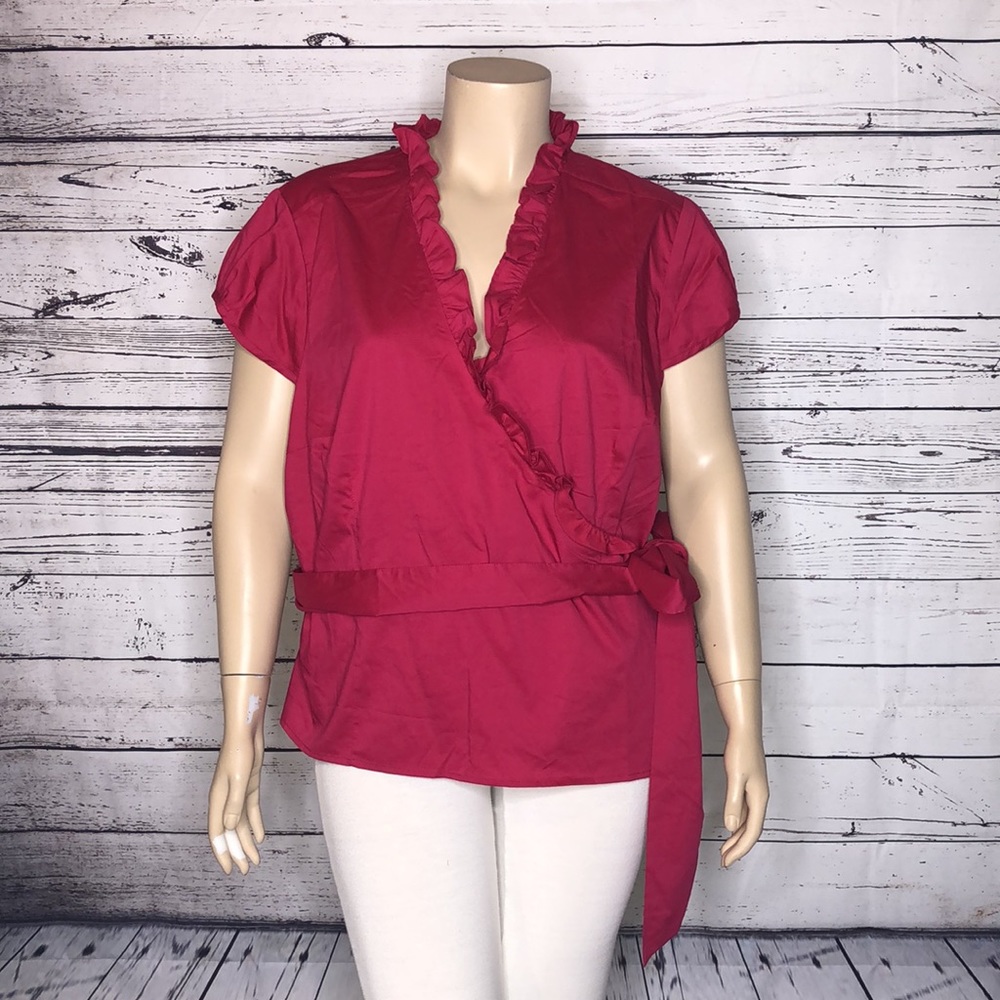 Gili NWT Size 3X Pink Ruffle Trim Surplice V-Neck Wrap Shirt Top w/ Tie Belt